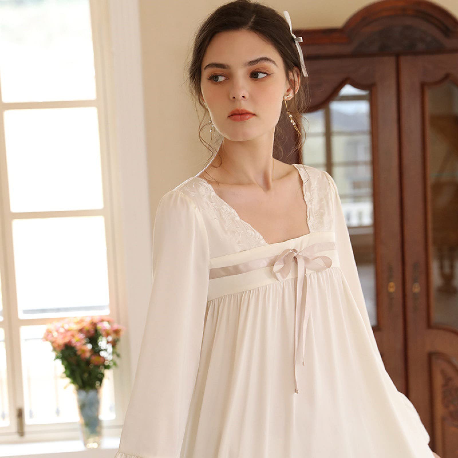OFFSUM Camisón De Pijama De Mujer - Primavera Verano Cuello Cuadrado Satén Camisón Elegante Bowknot Dulce Vestido Estilo Chino Color Sólido Camisón Ropa