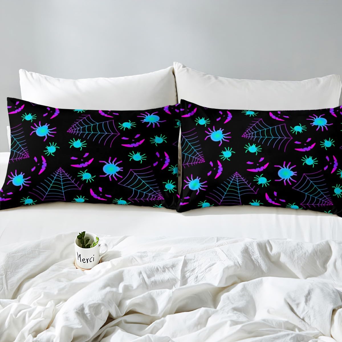 Set Copripiumino King Size Ragnatela Halloween - Microfibra 3D Nero/Bianco
