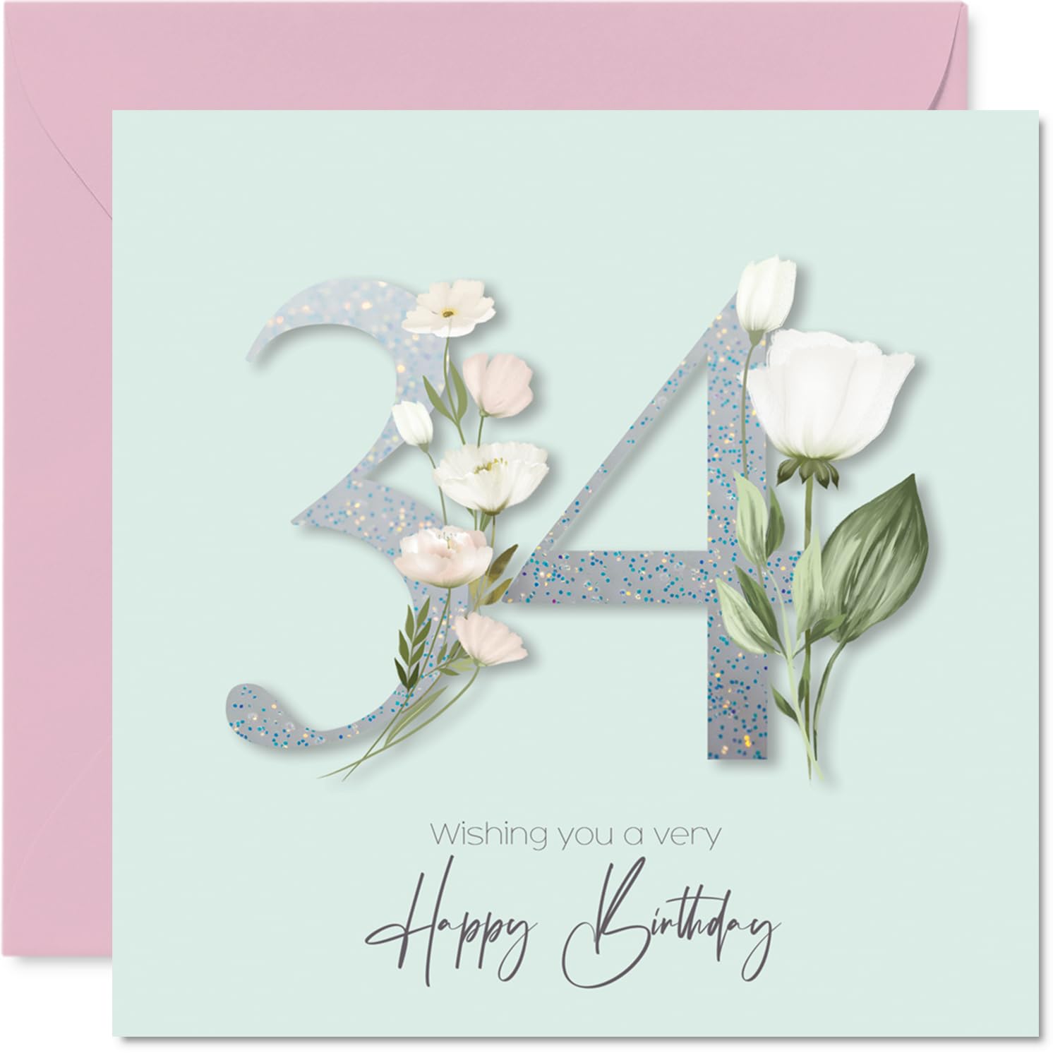 34th Birthday Cards for Women - Fancy Floral Flowers - Happy Birthday Card for 34 Year Old Woman Friend Sister Neighbour Auntie, 145mm Bday Greeting Cards