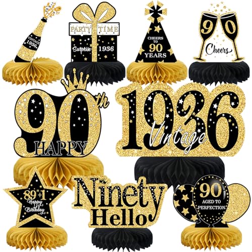 Image of 9Pcs 90th Birthday Decorations Honeycomb Centerpieces for Women,Black Gold Happy 90th Birthday Centerpieces Tables Toppers Party Decorations Supplies, Vintage 1936 Aged Table Sign Decor