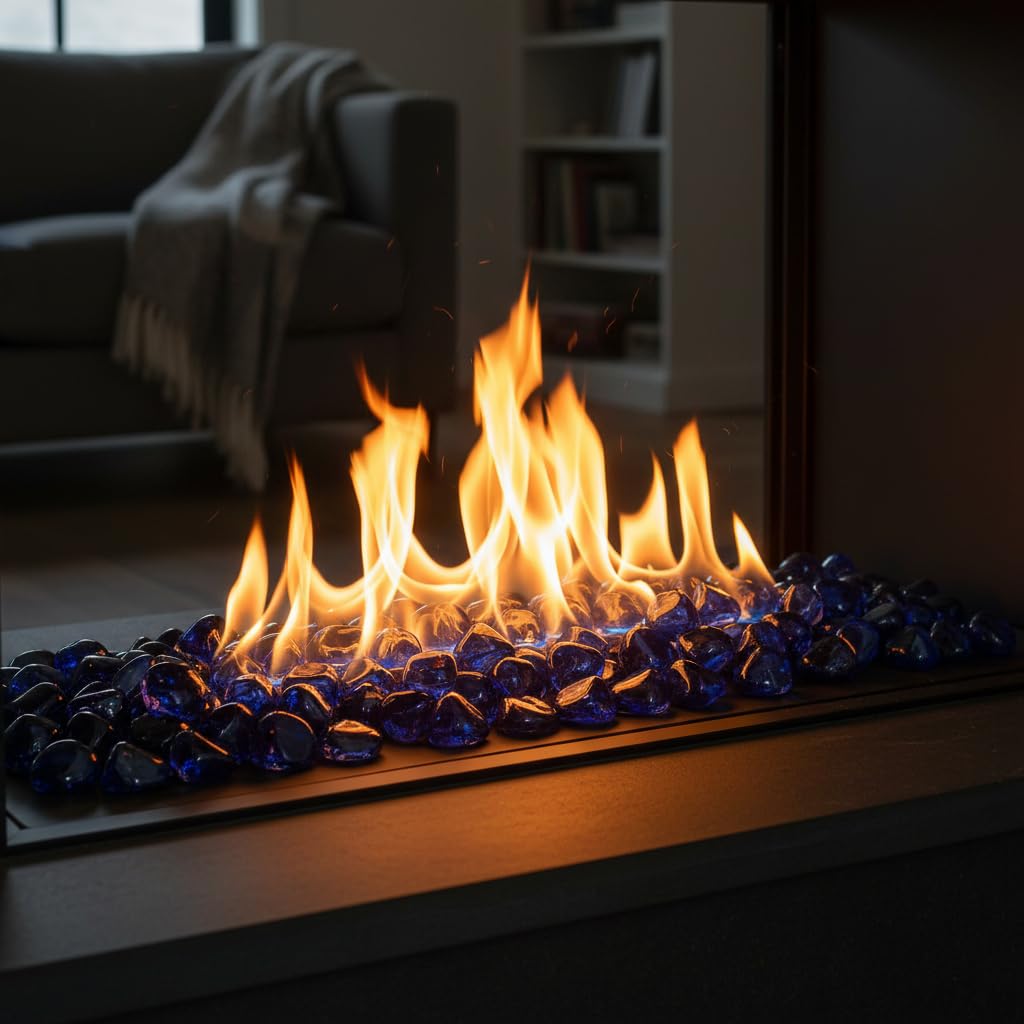 Mr. Fireglass 4,5 kg Mieszane diamenty ze szkła ogniowego do kominka palenisko i lanscapingu – 2,5 cm wysoki połysk kobaltowy niebieski ognisty skały