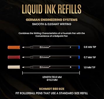 Scriveiner Rollerball Refill Blue Broad - 4 Rollerball Refills Designed for Scriveiner Pens - Safety Ceramic Non Dry Roller Pen Refill B - Schmidt 888 Size Made in Germany