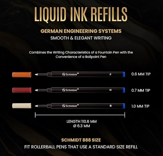Scriveiner Rollerball Refill Blue Broad - 4 Rollerball Refills Designed for Scriveiner Pens - Safety Ceramic Non Dry Roller Pen Refill B - Schmidt 888 Size Made in Germany