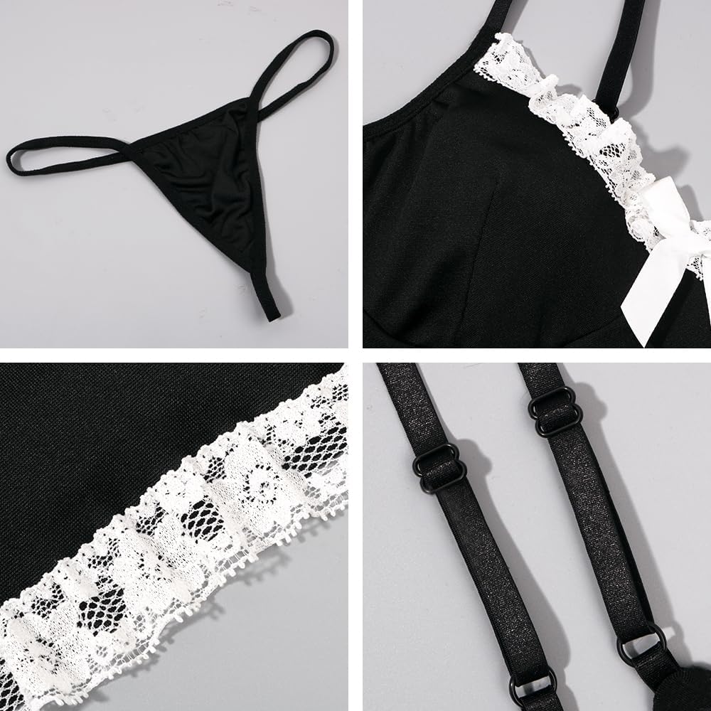 Women Sexy Maid Costume Contrast Lace French Maid Outfit Babydoll Lingerie Fancy Dress Role Play Apron Cosplay - Image 6