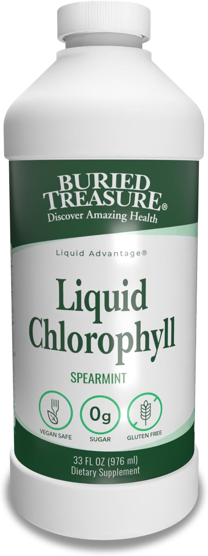 Buried Treasure Liquid Chlorophyll 100 mg Dietary Supplement, Energy Boost Immune Support Detox Intestinal Digestive Support Natural Body Deodorant Vegan Non-GMO Alcohol Free Spearmint Flavor,32 oz
