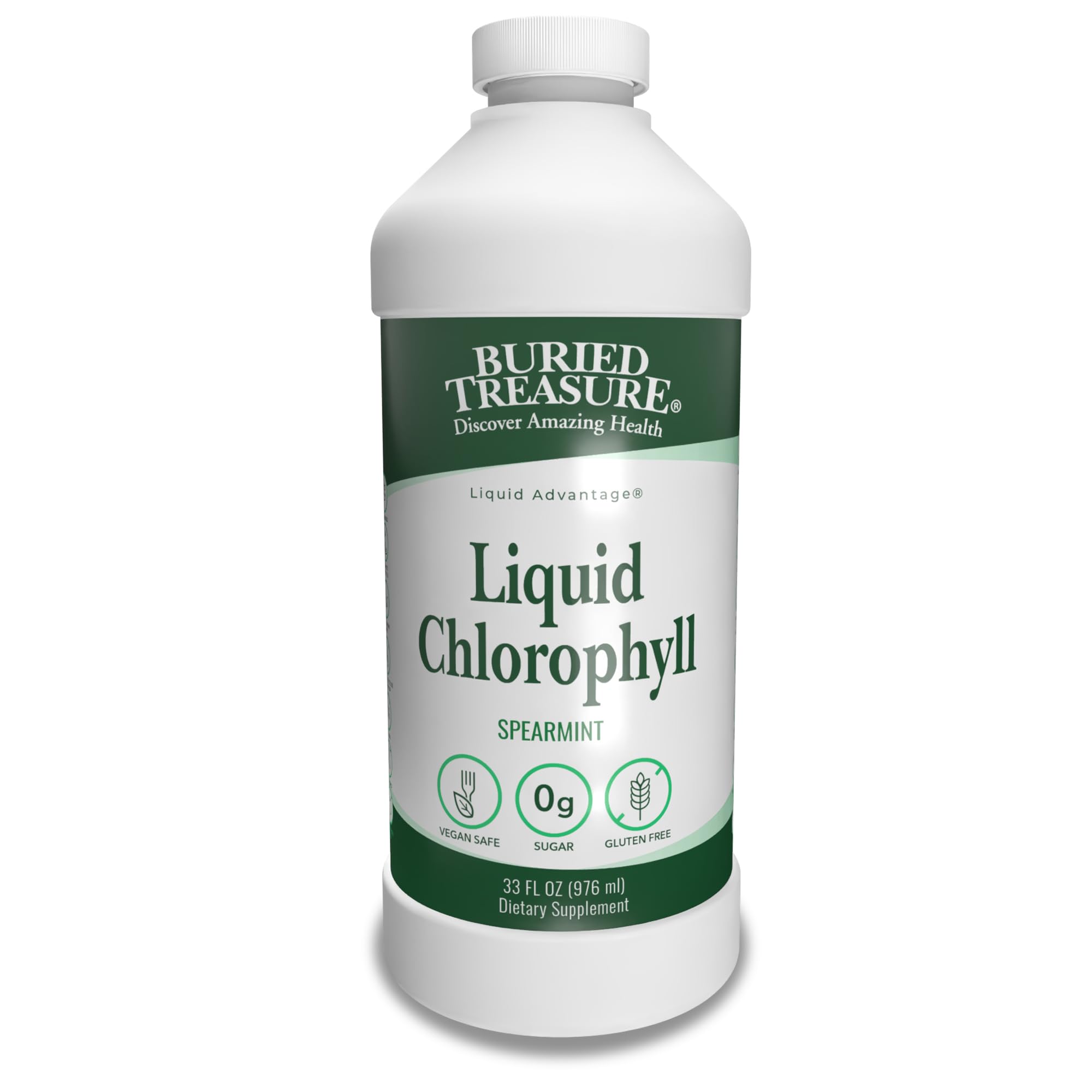 Buried Treasure Liquid Chlorophyll 100 mg, Dietary Supplement, Intestinal Digestive Support Natural Body Deodorant Vegan Non-GMO Alcohol Free, Spearmint Flavor 32oz