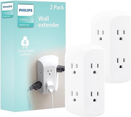 Miniatura 7 de Accesorios Philips - Extensor de 6 Enchufes, para teléfono celular, espaciado, adaptador de corriente, 3 clavijas, cargador de pared multisalida, 1