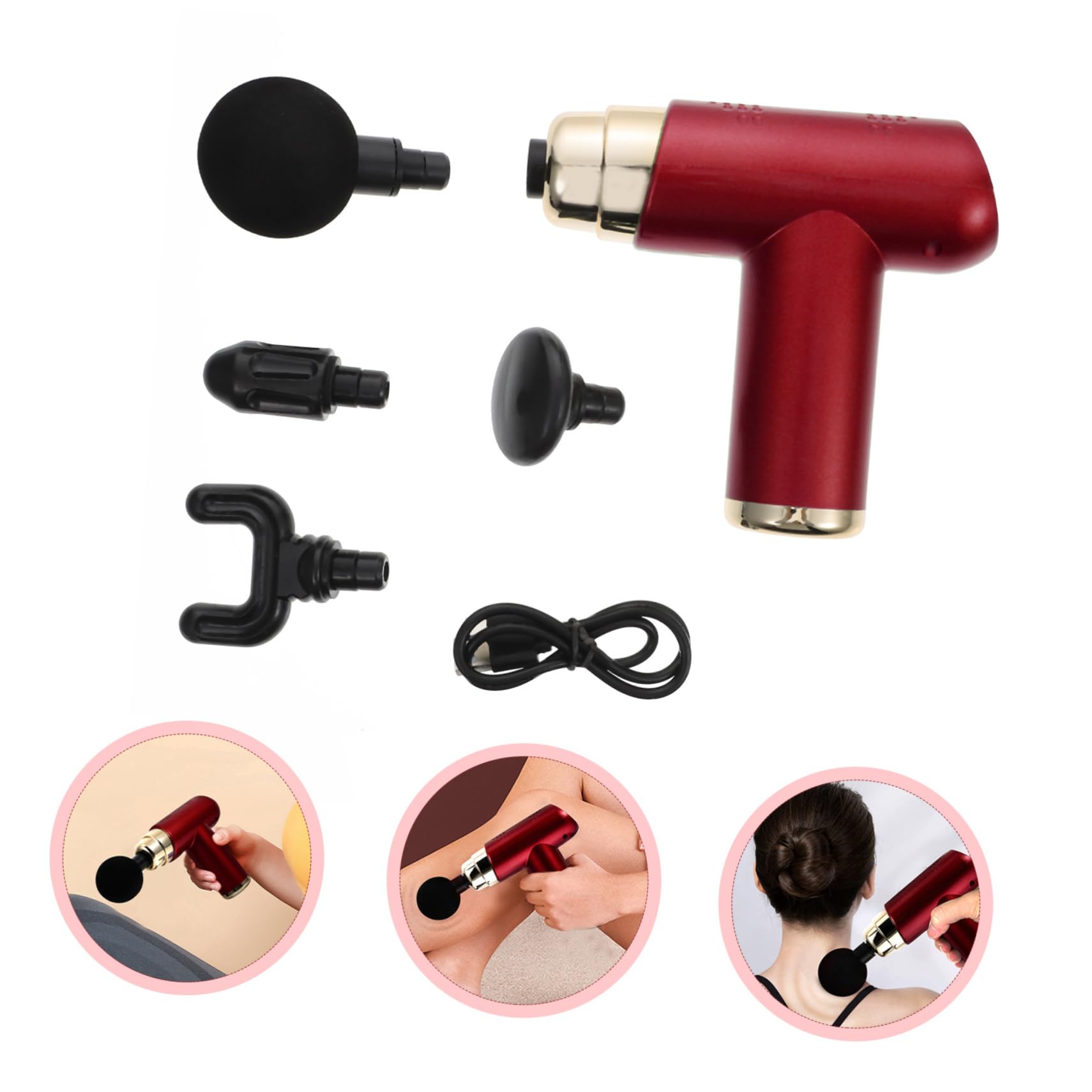 Masajeador Corporal Eléctrico De Percusión Mini, Ajustable 6 Velocidades, 4 Cabezales De Masaje, Portátil Para Relajación Muscular Postejercicio y Uso Doméstico Rojo