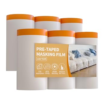 Drop Cloth for Painting, Painters Plastic Sheeting 22" x65 6Rolls | Pre-taped masking film, clear waterproof tarp, plastic window & floor protector, automotive & furniture covers, dust-proof
