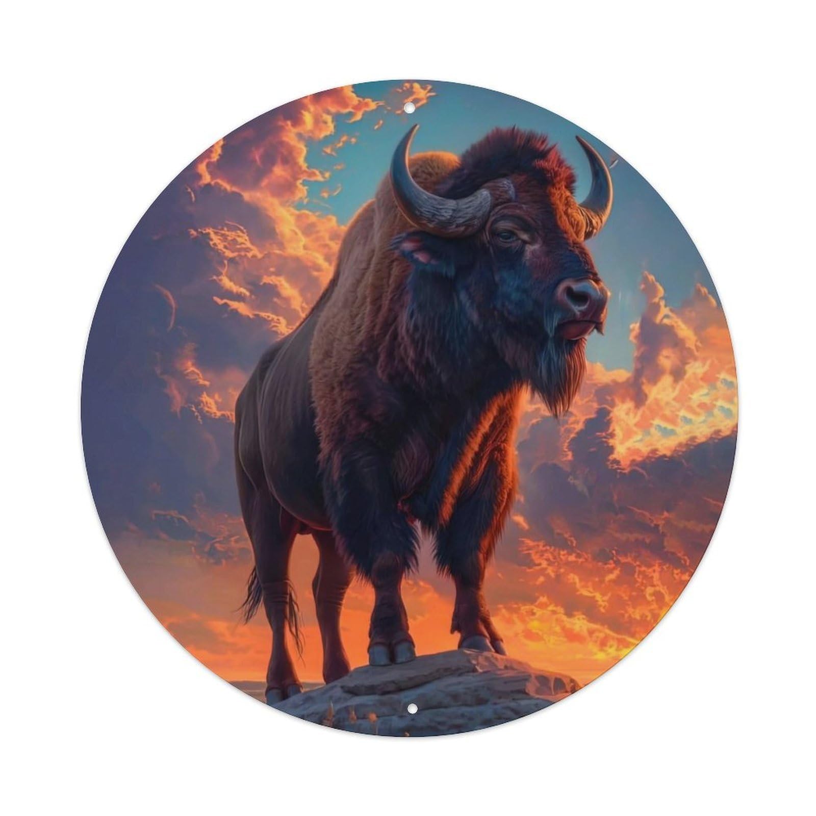 American Bison Sunset Prairie Wildlife Nature Illustration Vintage Metal Tin Sign Plaque Wall Decor for Cafe, Club Bar, Office, Garden Metal Poster 8x8Inch