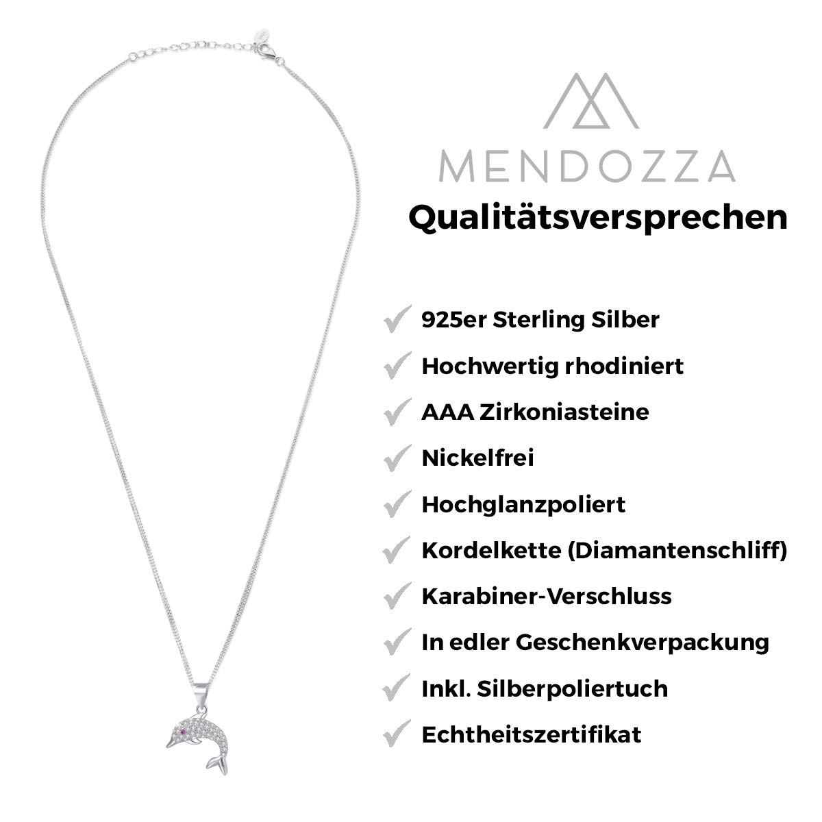 MENDOZZA Damen Kette Delfin Anhänger 925er Silber Halskette Zirkonia 50 cm