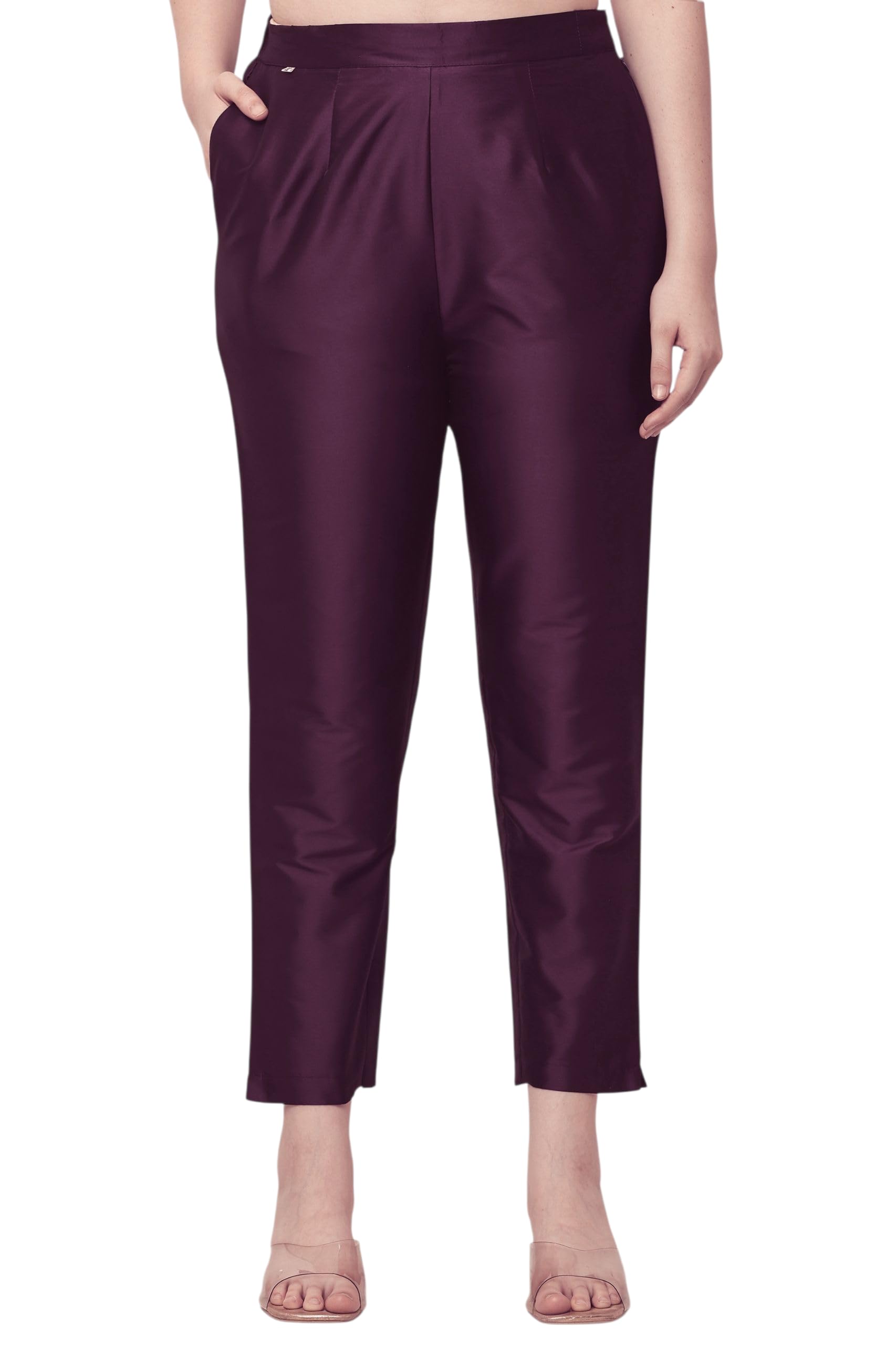 Women's Wine Taffeta Silk Trouser Pants, Elastic Waist with One Side Pockets, Ankle Length-picture-25