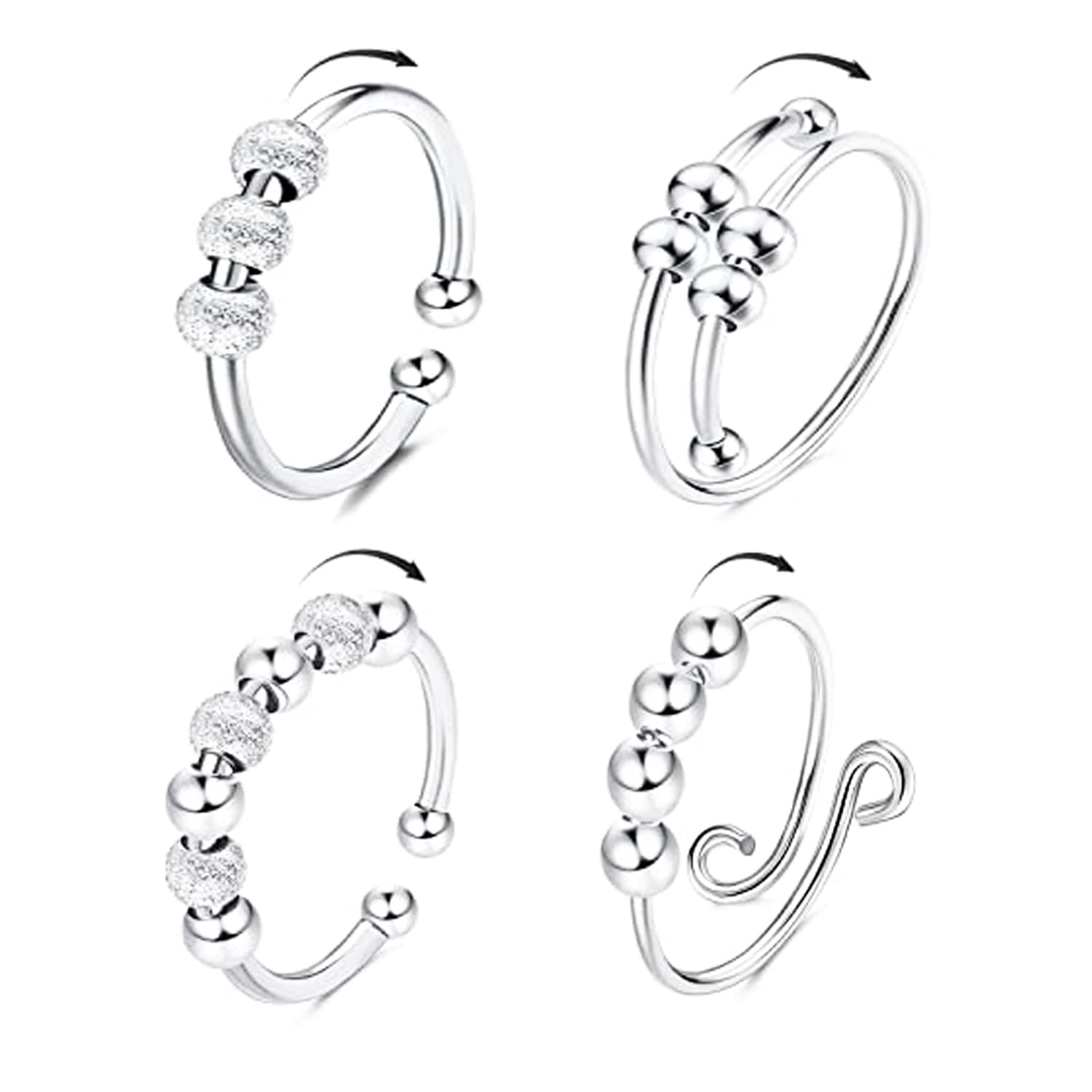 Steemjoey 4Pcs Anxiety Rings, Silver Open Finger Rings with Beads Adjustable Rings Thumb Rings, Stress Relief Adjustable Ring for Mother Daughter Son Men Birthday Party Gifts