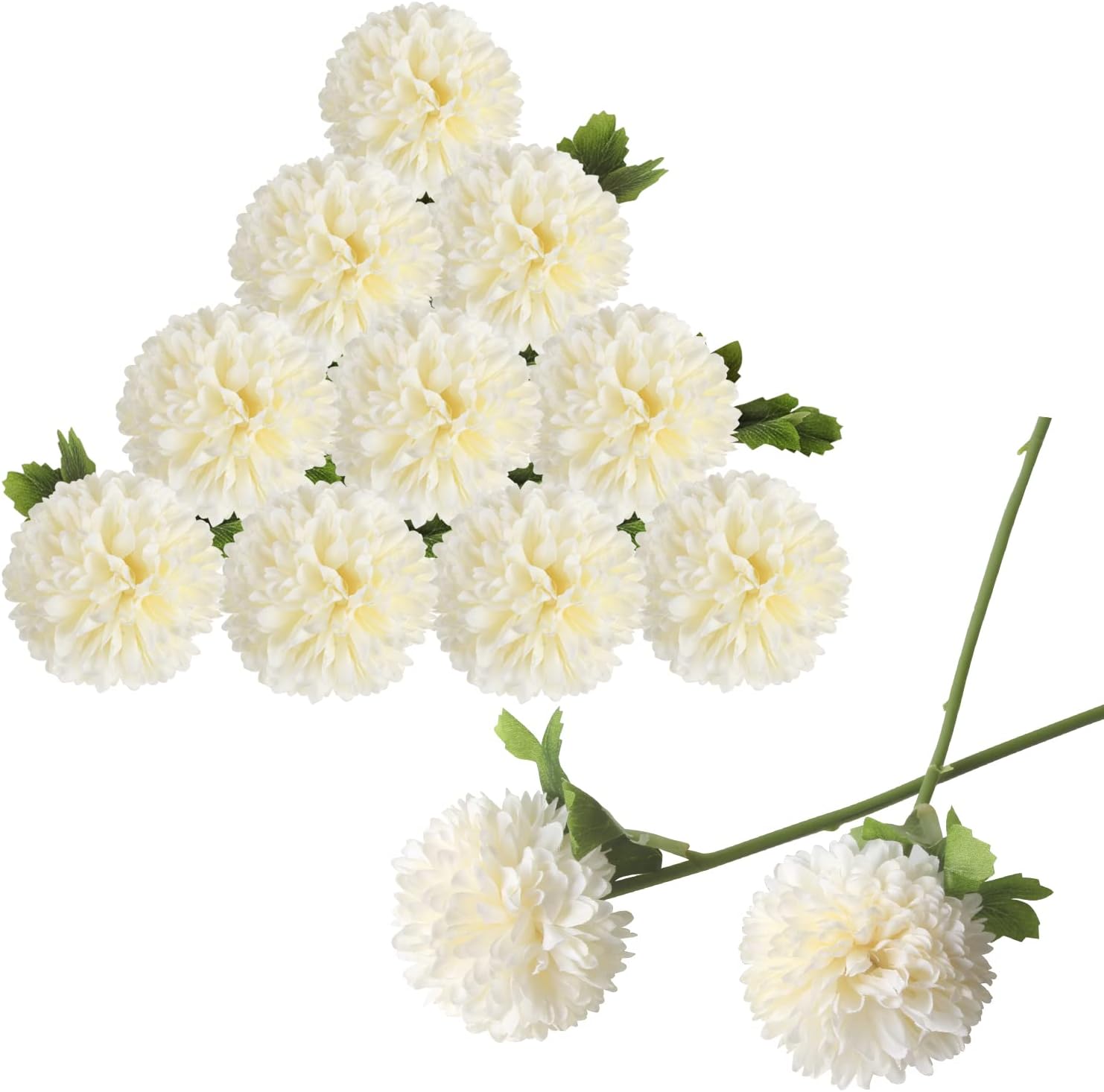 12Pcs Artificial Flowers Chrysanthemum Ball, Silk Floral Arrangement Fake Flowers Bouquet Long Stem Hydrangea for Home Office Coffee House Parties and Wedding Decor (White)