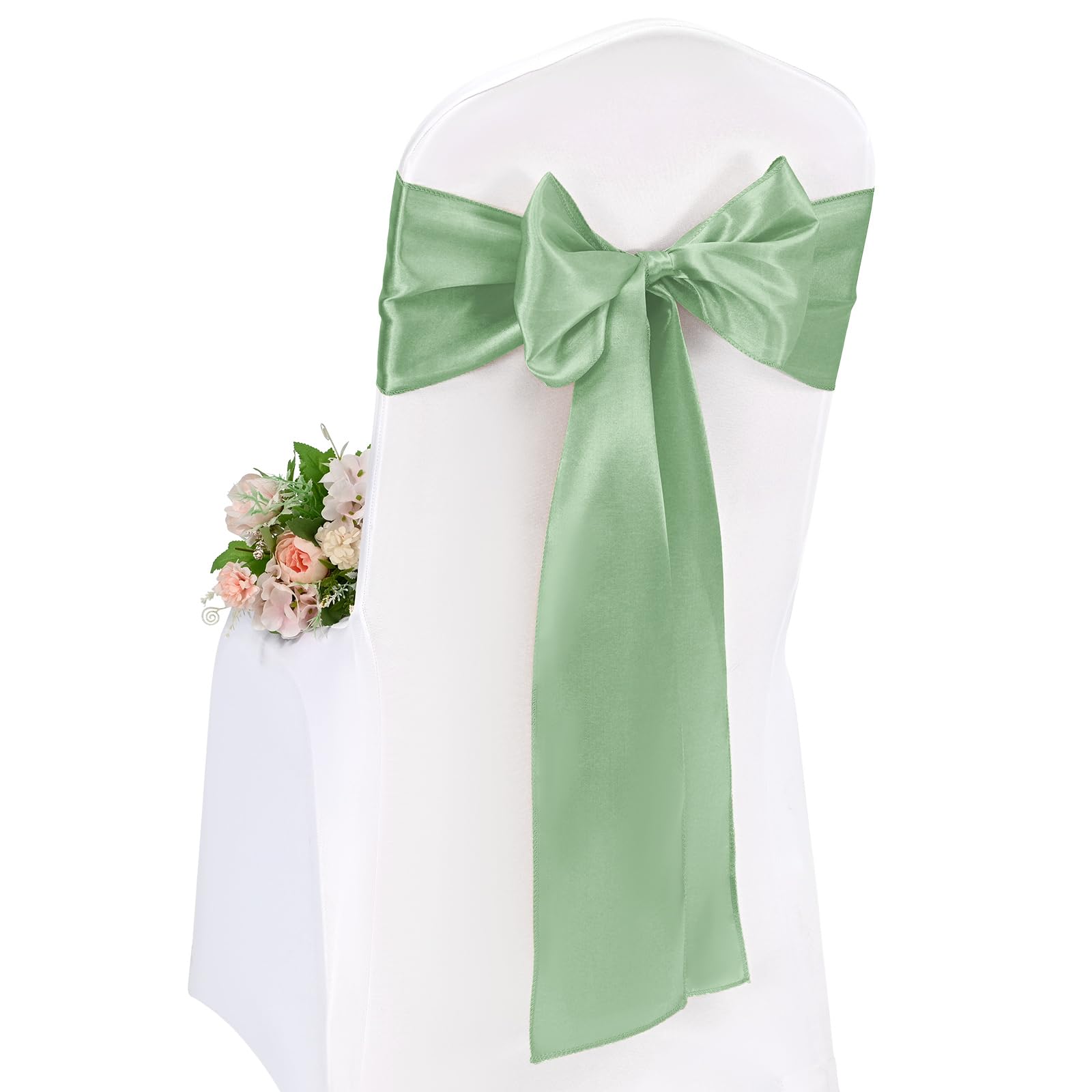 Pesonlook 100 Pcs Sage Green Chair Sashes, Satin Chair Cover Bands 7X108 Inch Chair Sashes Bow Back Tie Ribbon For Wedding Party Hotel Decorations （17X275 CM）