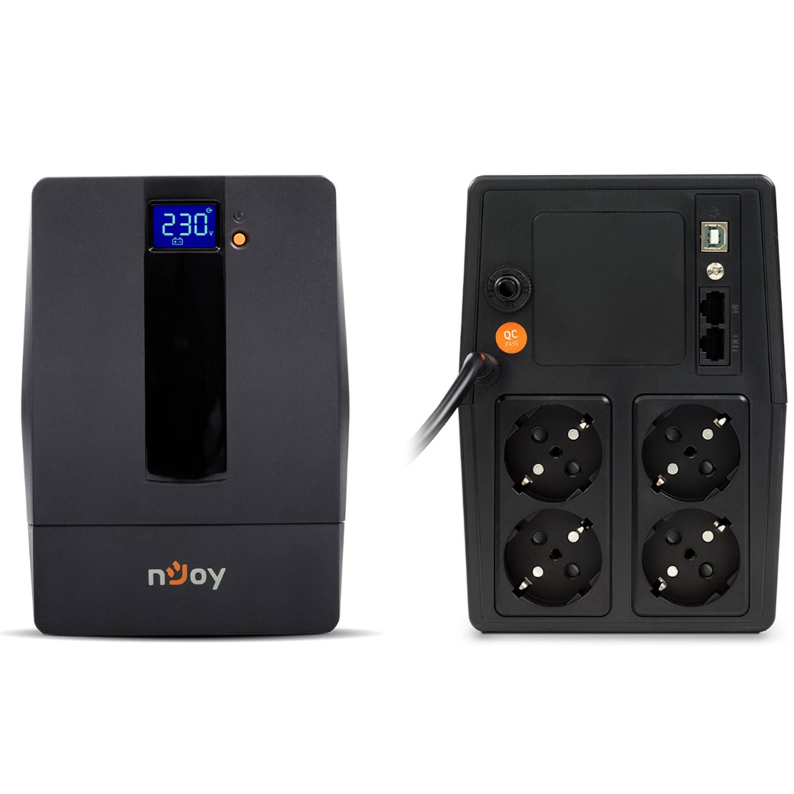 NJOY Horus Plus 1000 Gruppo di Continuità UPS 1000VA 600W | Protezione Blackout e Sbalzi di Protezione | Line Interactive | AVR | Display LCD Touch | 4 Uscite Schuko | USB | Software incluso