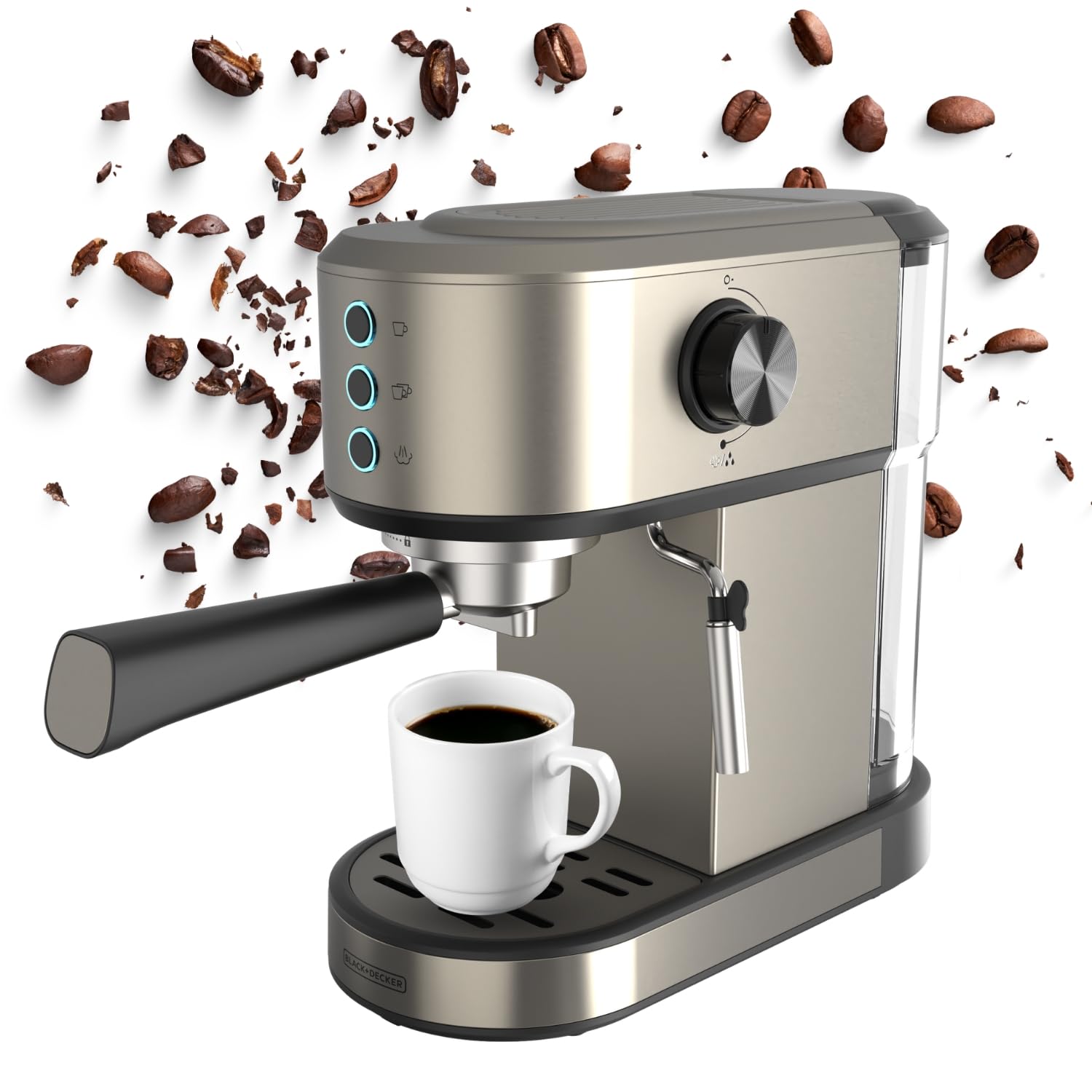 Black+Decker Espresso Machine BXCO1350E | 1350W | 20 Bars | Thermoblock System | Filters 1 and 2 Cups | Steerable Steam Lance | Removable Tank 1L | Heater-Cups and Drip Tray
