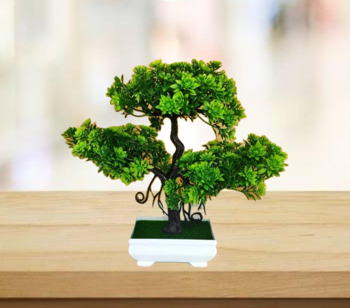1 Pcs Artificial Bonsai Tree with Designer Pot | Realistic Looking -No Maintenance | Small Plants for Home Decor Living Room Table Decor and Balcony Decorations (Pack of 1, Green) 3