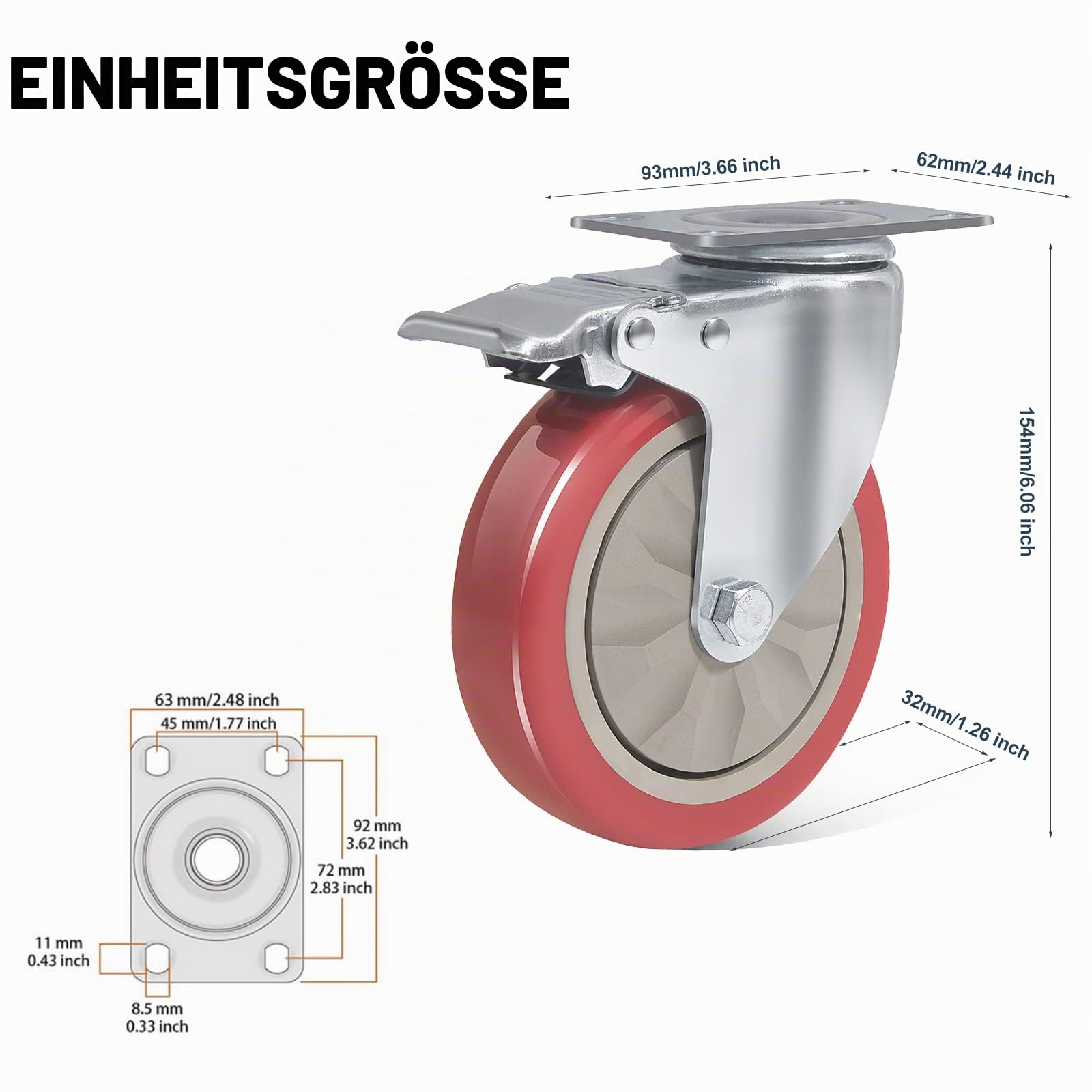 4er Set Lenkrollen für Möbel 125MM Möbelrollen mit Bremse Schwerlastrollen 800kg Rot Rollen für Möbel Transportroller Werkbank Werkzeugwagen Paletten Transportrollen Rollen mit Schrauben
