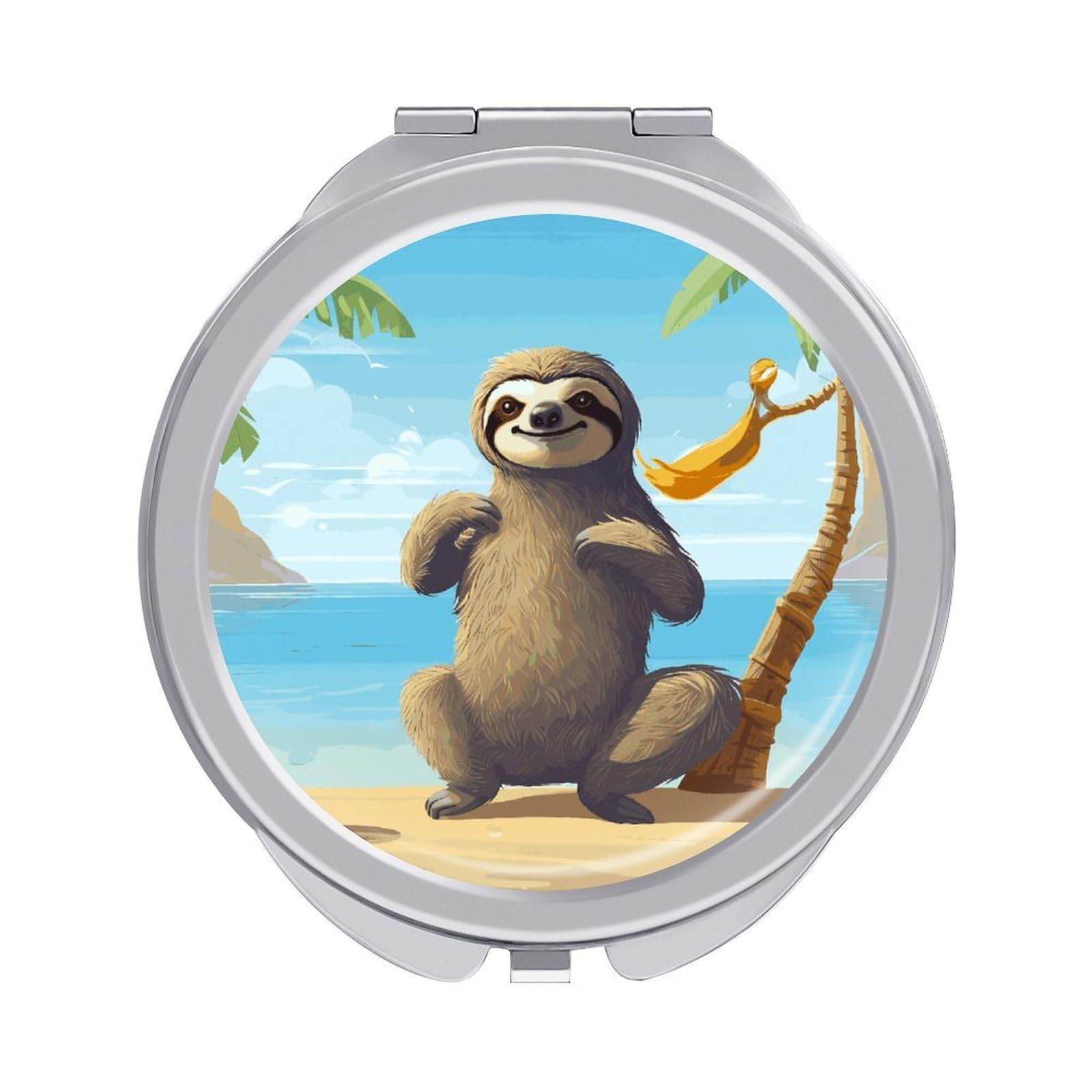 LDGSUPH Sloth on Beach Travel Makeup Mirrors Portable Compact Mirror Double-Sided 2X/1X Magnifying Folding Pocket Mirror Mini Round Handheld Mirrors for Home Outdoor