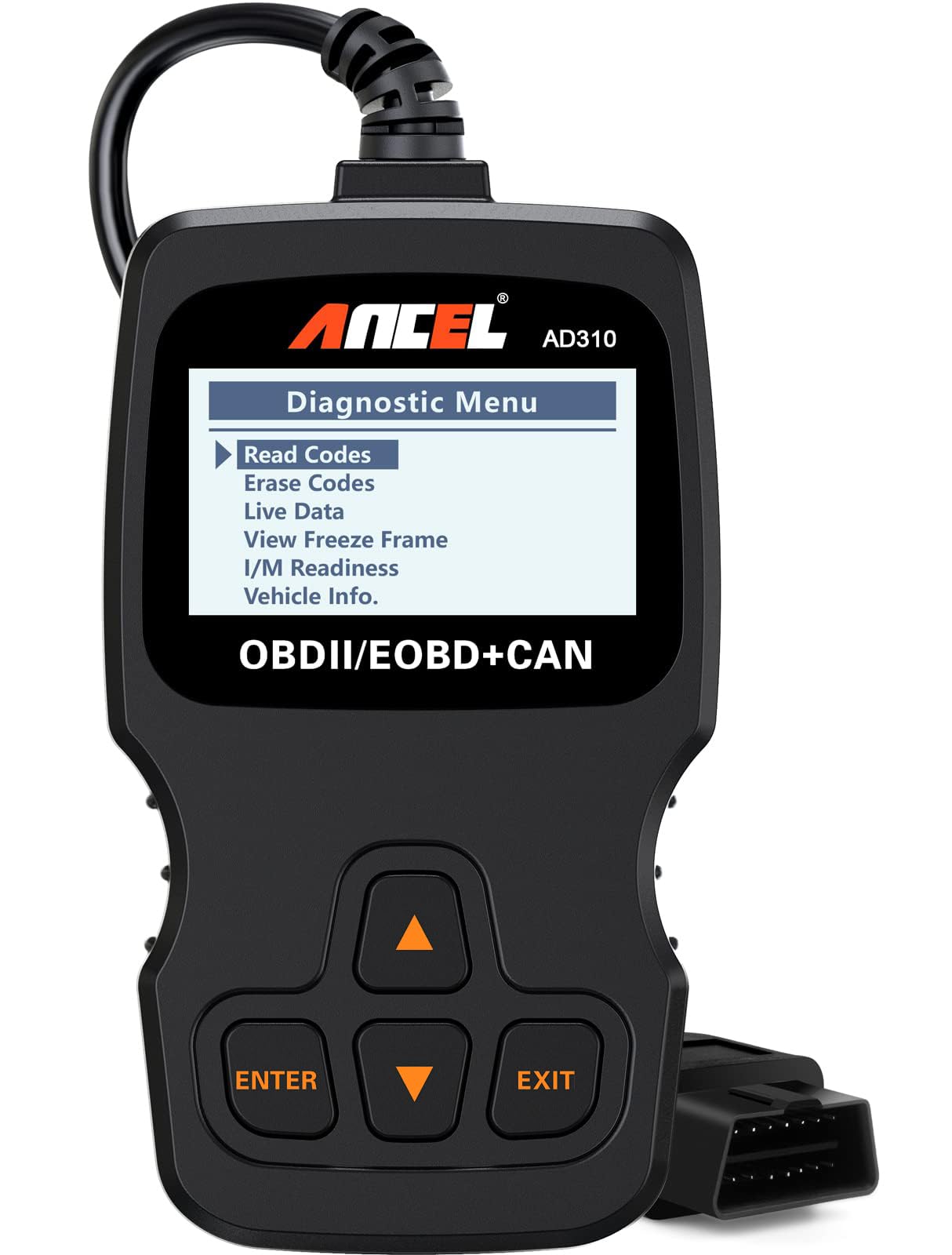 ANCEL AD310 Máquina de Diagnosis OBD2, Diagnostico Coche Multimarca apoya español, Escáner, Lector de Código para Automóvil, Sensor de O2, Sistema EVAP, Prueba de Smog, Herramienta de Escaneo