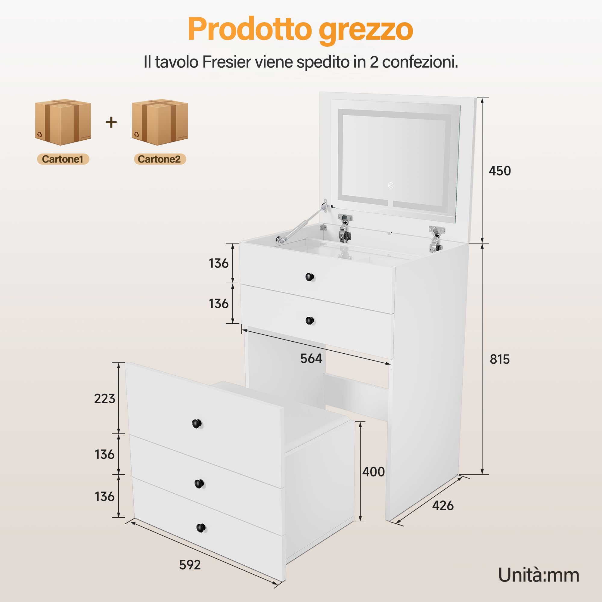 SONNI Toletta Con Luci E Cassetti Per Camera Da Letto, Armadio 2 In 1 Design, Bianca Con Sgabello E Specchio Pieghevole, 60x83x45cm