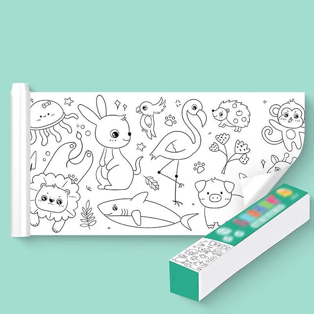 Children's Drawing Roll, DIY Sticky Color Filling Paper with 12 Colored Pencils, Giant Coloring Poster, 30x300cm Large Coloring Book, Kids Coloring Poster Wall, Fun Coloring for Adults Kids (Animal)