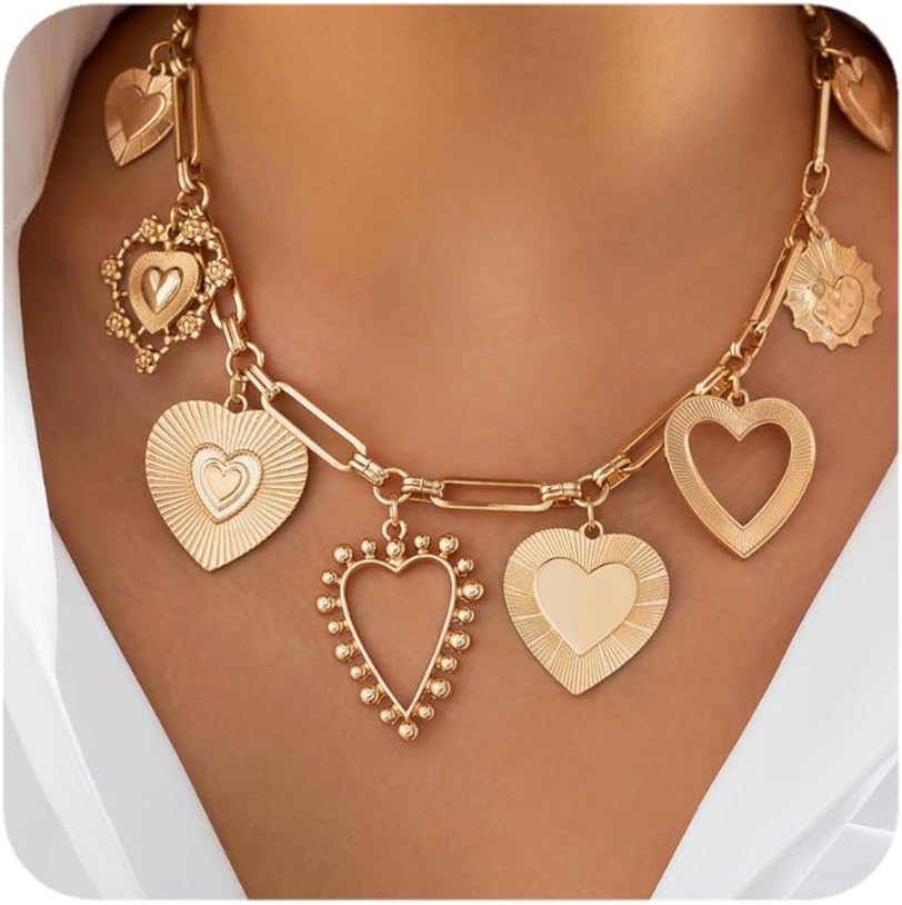 Chunky Gold Necklace for Women Big Heart Necklace Vintage Gold Statement Necklace for Women Stackable Fashion Jewelry