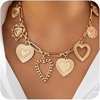 Vpanda Chunky Gold Heart Necklace for Women - Vintage Statement Pendant with 8 Hearts, Adjustable Thick Chain