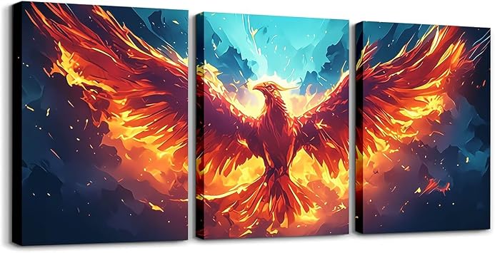 Homewish Burning Phoenix Wall Art Prints,12x16 Inch Set of 3,Yellow Flame Gradient Blue Graffiti Aesthetic Wall Art for Teens Adults,Watercolor Animal Bird Feather Canvas Wall Art for Party Office
