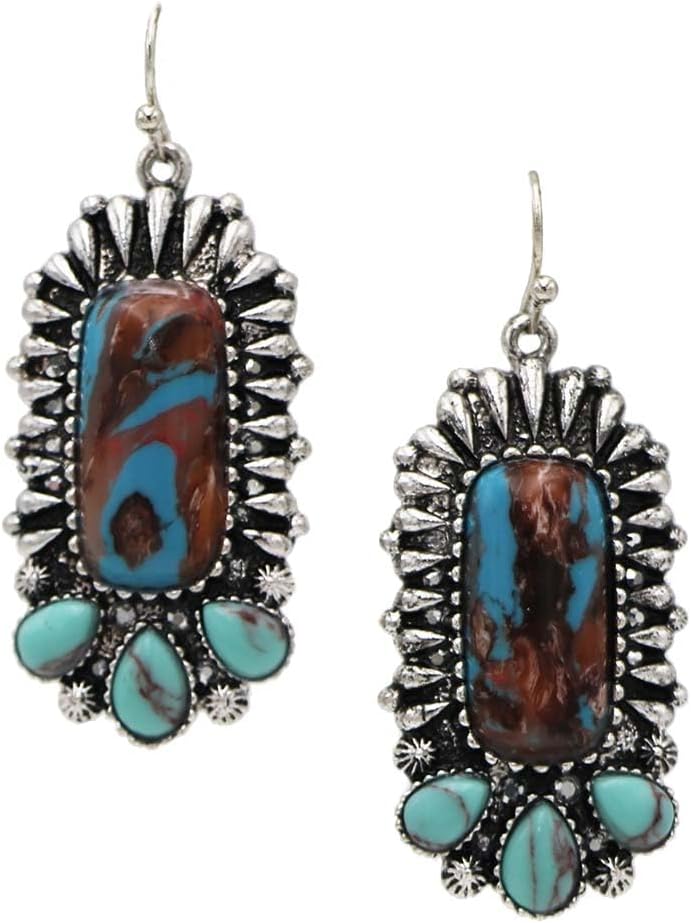 Rosemarie & Jubalee Women's Cowgirl Chic Colorful Western Style Semi Precious Natural Howlite Stone Dangle Earrings, 2"