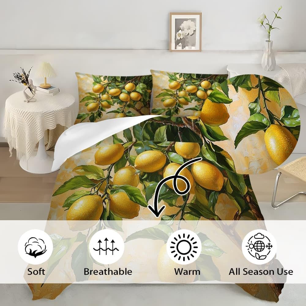 Motivo A Limone Di Frutta Copripiumino 2 Persona con Cerniera 240x220 cm Giallo Set Biancheria da Letto in Microfibra, Lavabile in Lavatrice, per Bambini, Adolescenti e Adulti