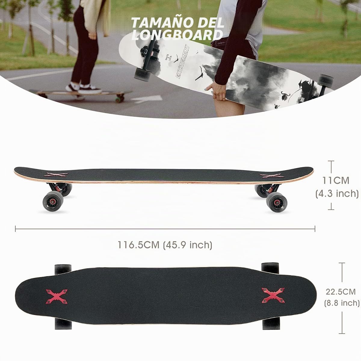 Longboard Skateboard Adulto,117x23 cm Monopatin Long Arce de 8 Capas con Rodamientos ABEC-11, Ruedas con Luz LED,Completo Longboard Cruiser Apto para Principiantes