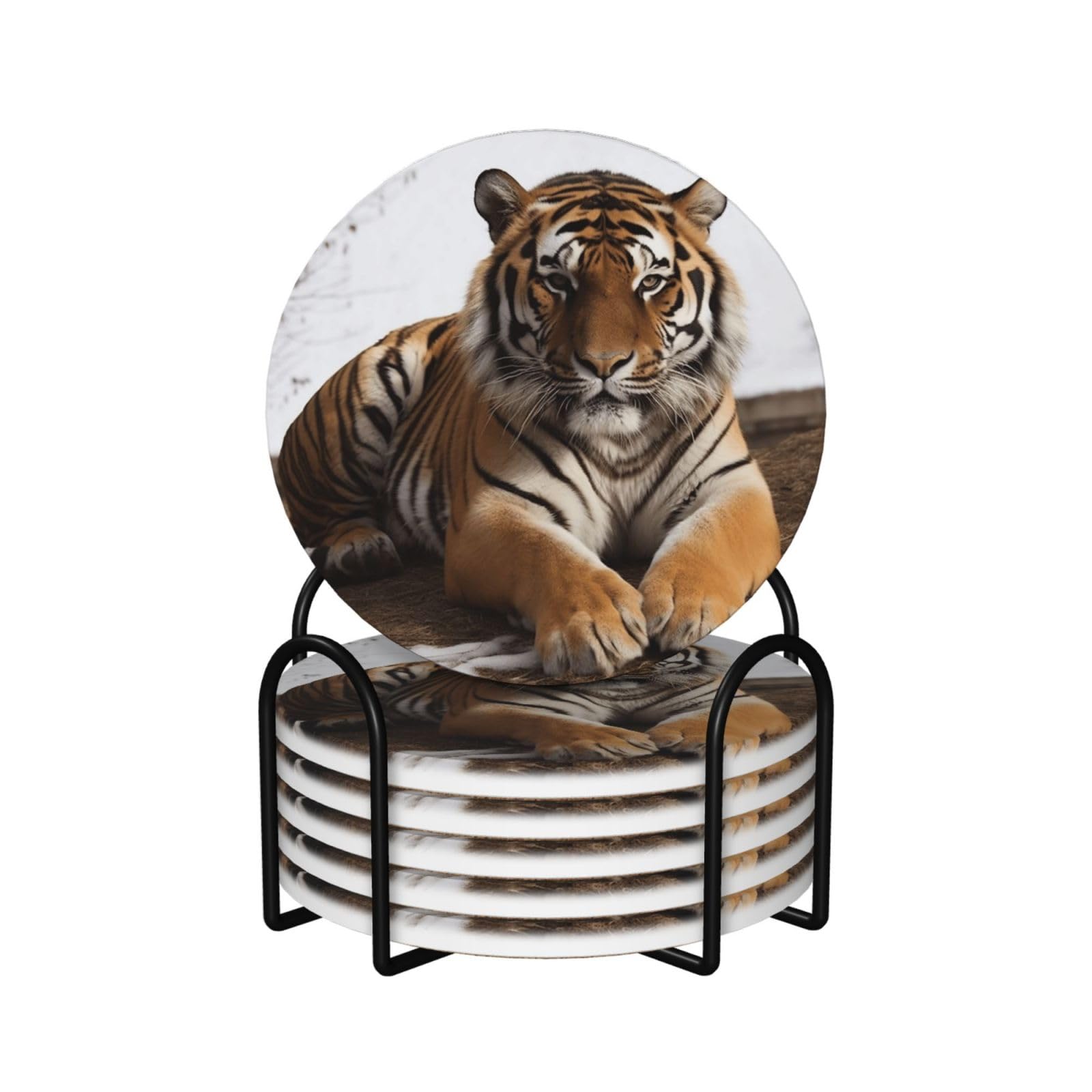 6Pcs Ceramics Coaster for Drinks, Big Tiger Cup Coasters with Holder, Aesthetic Drink Coasters for Coffee Table, Absorbent Round Coaster for Tabletop Protection 4" Cup Mat Pad