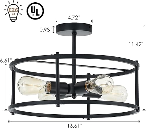Miniatura 7 de Lámpara de techo moderna semiempotrada industrial con 4 luces para cocina, comedor, dormitorio, pasillo, sala de estar, negro mate, diámetro de 17