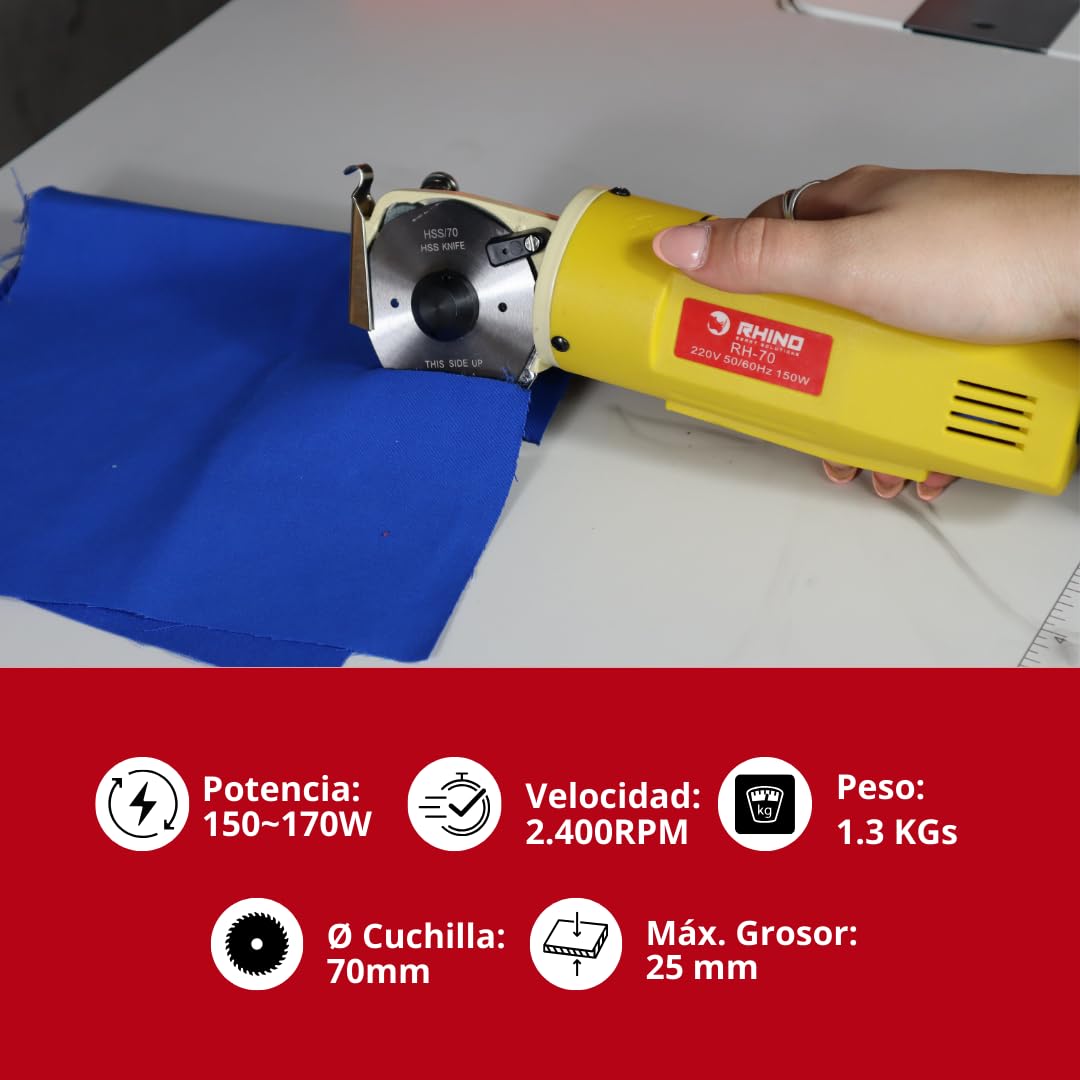 RHINO Smart Solutions RH-70 Cortador de Tela Industrial Eléctrico con Cuchilla de 70mm y Grosor Máximo de Corte 25mm | Cutter Electrico para Manualidades, Telas, Cuero | Corte Recto y Curvas