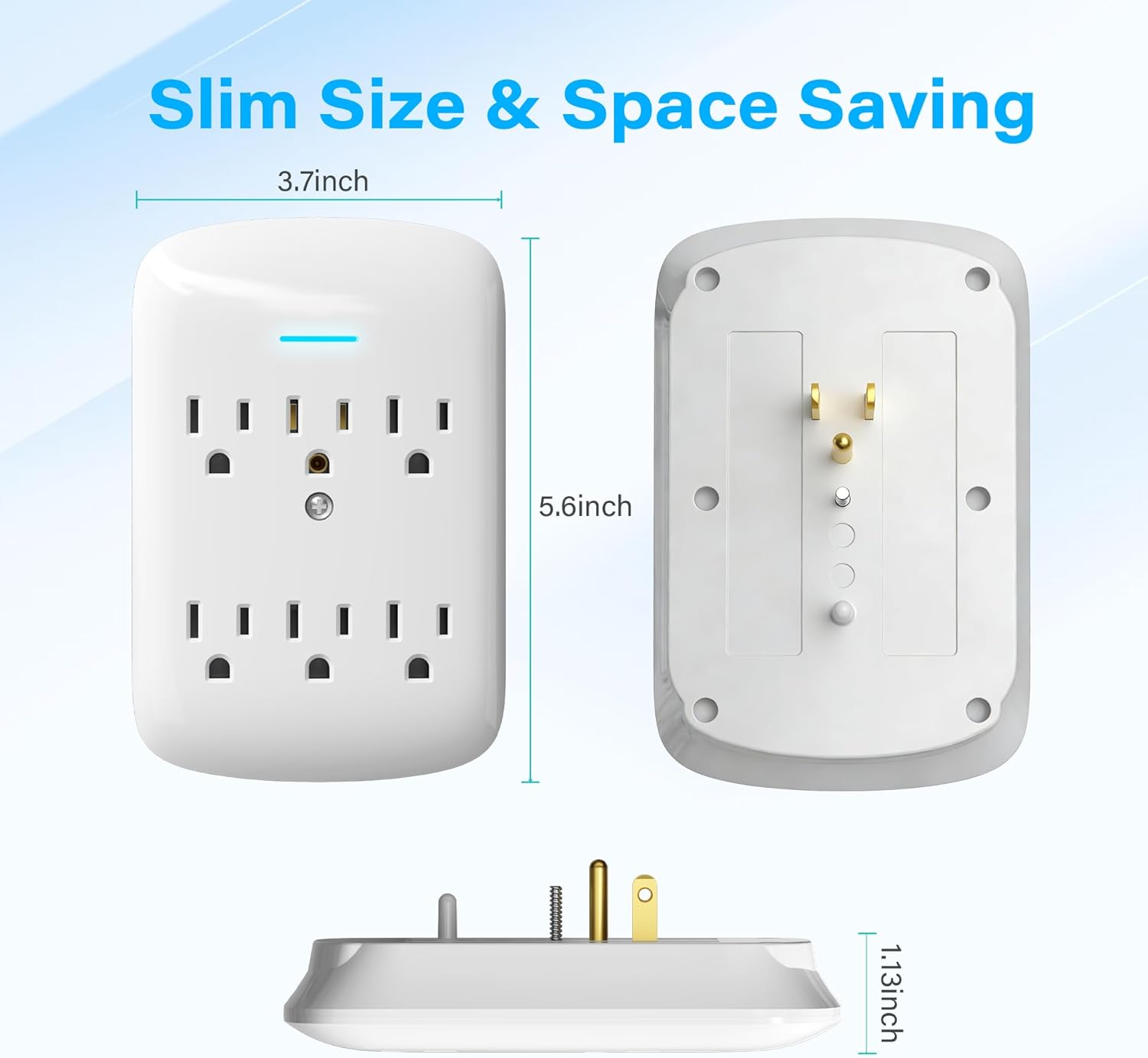 6 Outlet Extender Surge Protector 2 Pack, 980 Joules 3-Prong Grounded Electrical Plug Outlets, Wall-Mountable Power Adapter Wall Tap with Indicator LED Light for Home,Office, Travel, White, ETL Listed