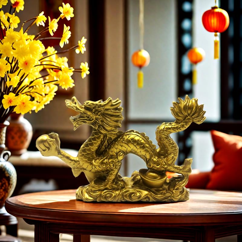 Estatua decorativa dragón chino feng shui dorada 9 pulg miniatura 5