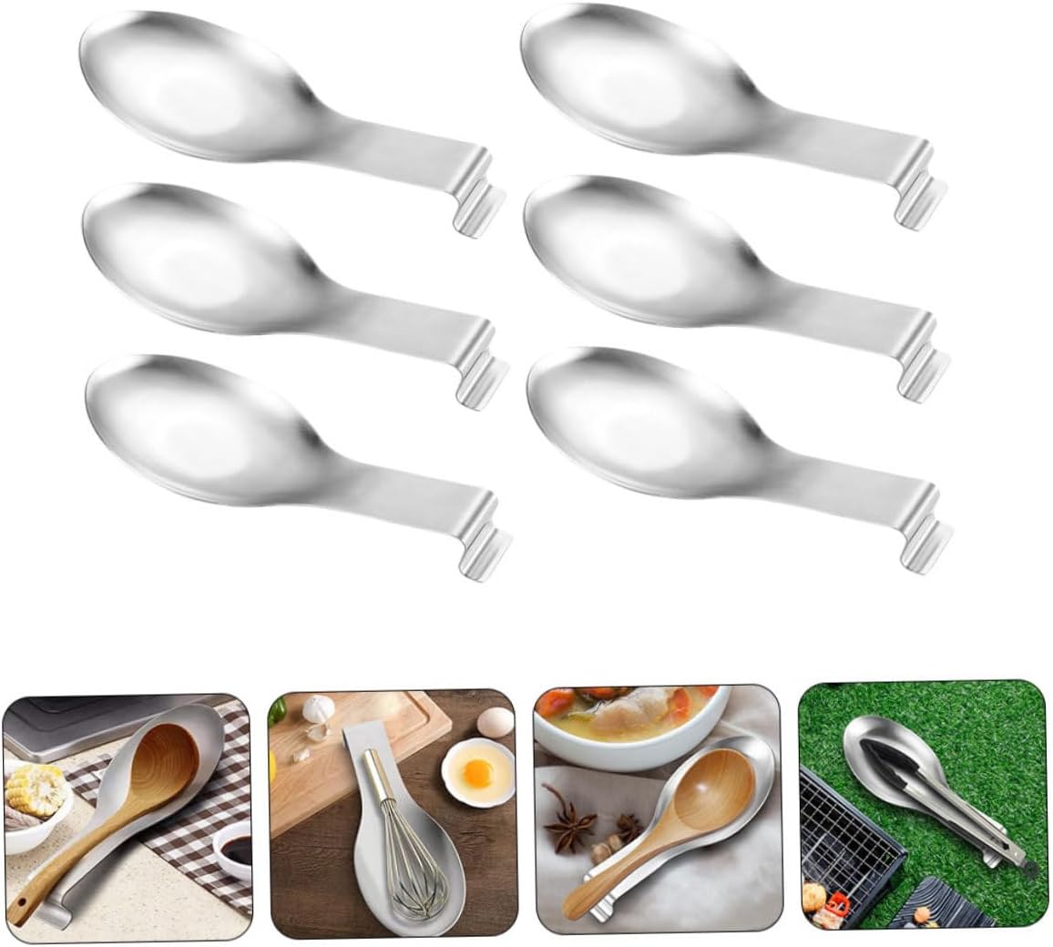 NUOBESTY 6Pcs Stainless Steel Spoon Rest for Kitchen Countertop Utensil Holder with Flat Base for Spoons Ladles Spatulas and Daily Use Easy to Clean