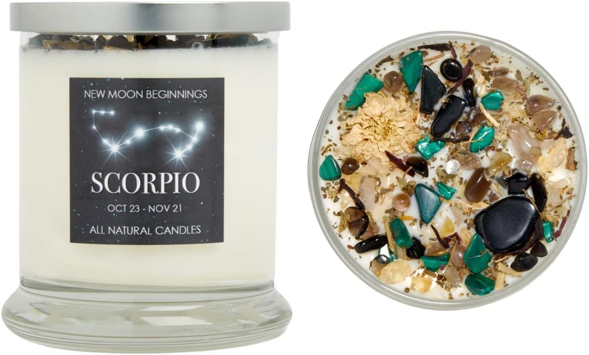 Scorpio Zodiac Candle (Oct. 23 - Nov. 21) - Soy Candle - All Natural Aromatherapy Candle - Scorpio Horoscope Candle - Crystal Candles - 12 oz Glass Jar