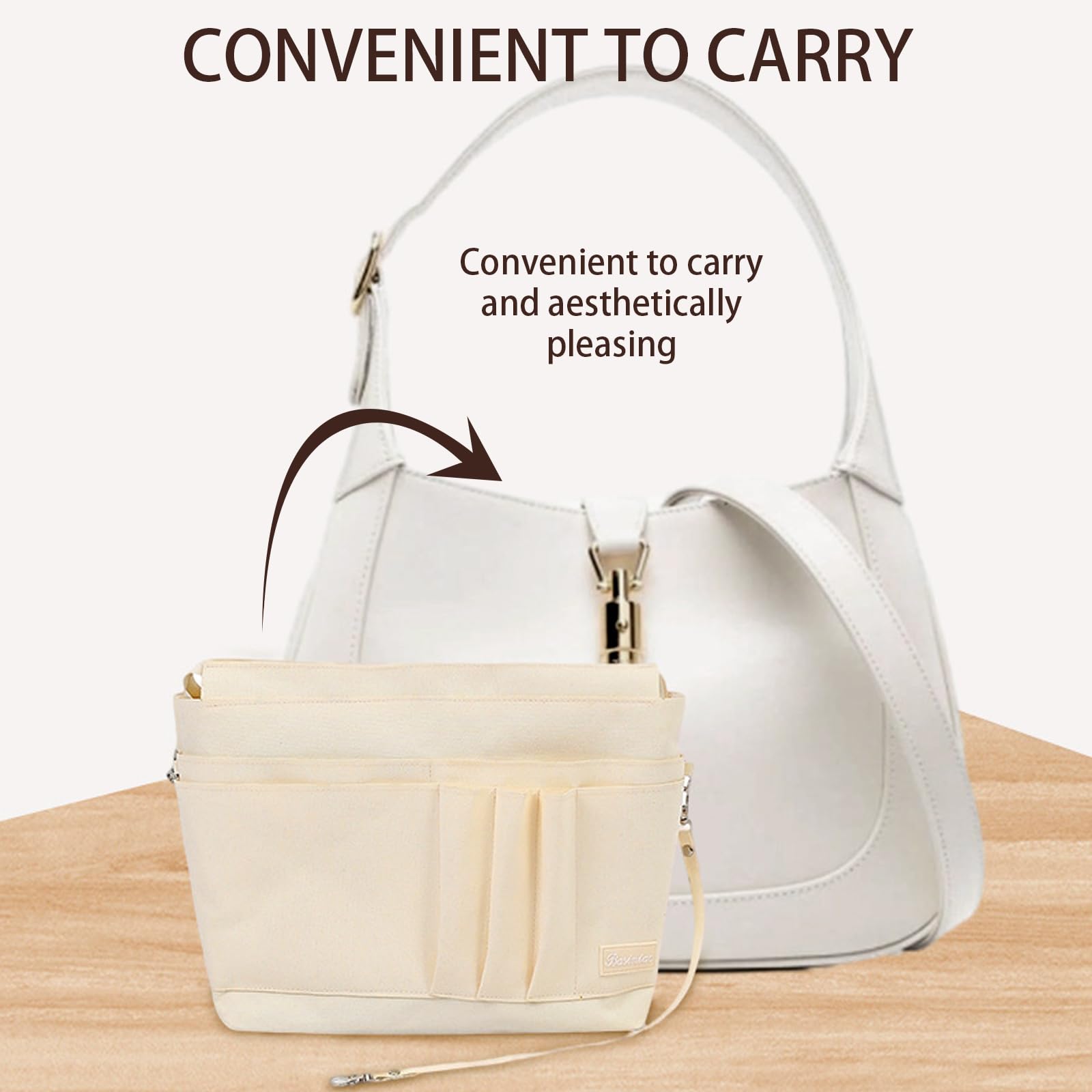 Organizzatore per Borsa Beige in Tela con 15 Scomparti e Cerniera – Organizer Interno per Borsa da Donna – Tasca Organizzatrice per Ufficio, Viaggio, Shopping, Scuola