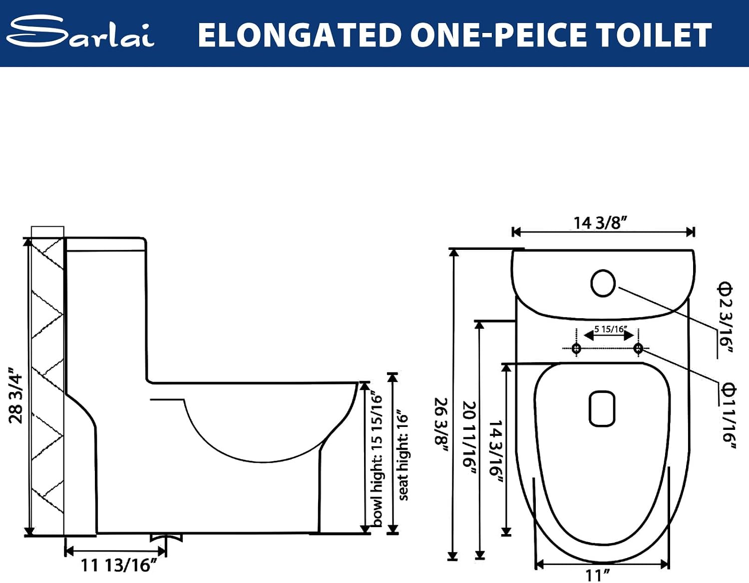 Sarlai One Piece Toilet Elongated Bathroom Toilet Comfort Height Dual Flush 1.1/1.6 GPF White Ceramic Modern Soft-Close Seat Standard Height 12" Rough-In Standard White Toilets Bowl