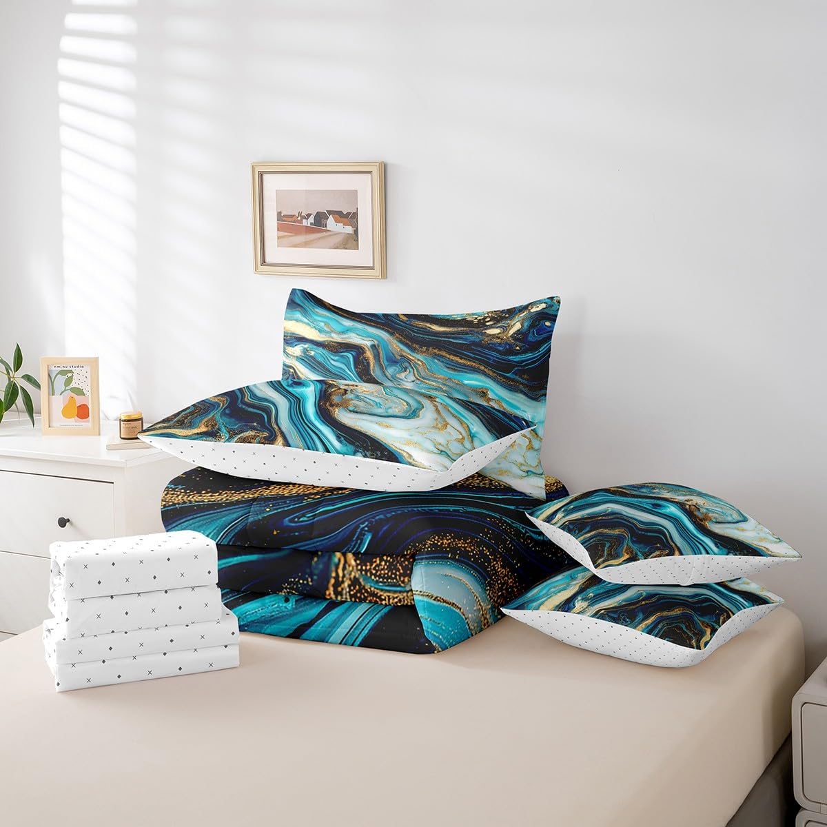 Blue Marble Bedding Comforter Sets 7 Pieces Teal Marbling Bed in a Bag, Abstract Aesthetic Twin Bedding Sets Watercolor Stone Pattern Comforter Set, Gold Metallic Sequins Bedding Sets & Collections