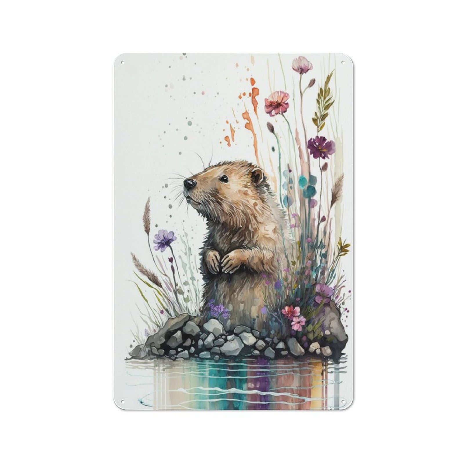 Watercolor Beaver Vintage Tin Sign 30x20cm for Pub Or Café, for Everyday Room Decor with A Vintage Look
