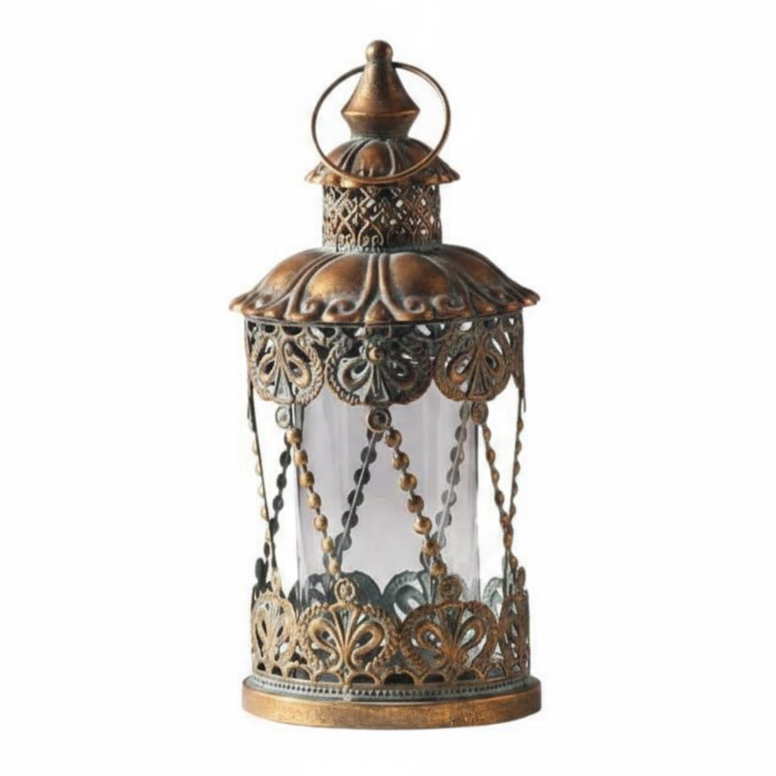 Portavelas de Vidrio Hierro Farol Decorativo Antiguo Bronce Soporte de Vela Linterna Cilíndrica con Detalle y Asa para Acogedor en Casa Adecuado para, 15 15 32