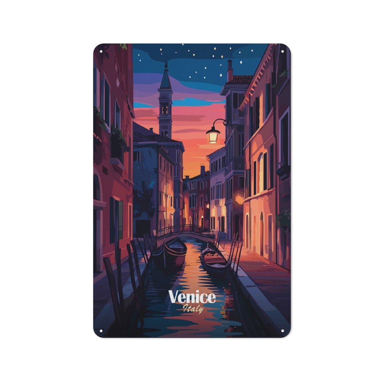 Junmoney Style-12 Metal Wall Plaque With Venice Canal Night Design 30X20cm, Simple Retro Studio Wall Plaque For Hobby Room, Office, Lounge Or Living Room
