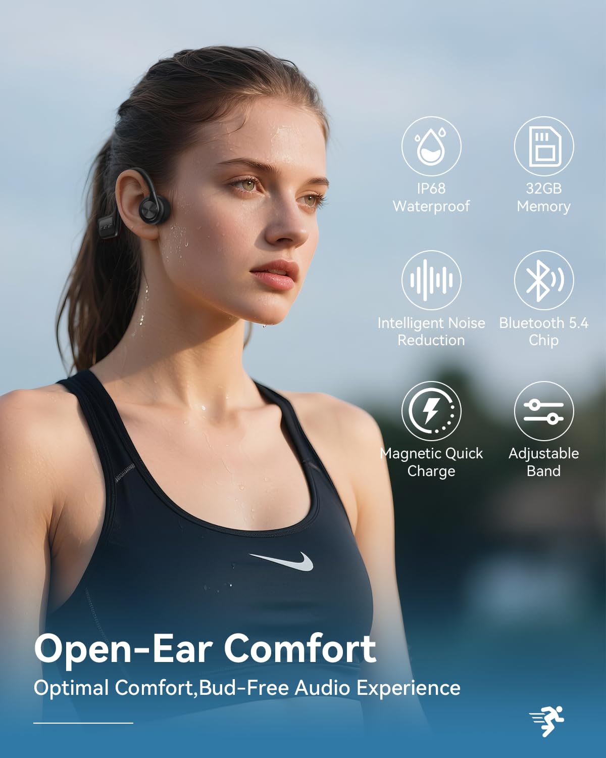 Wantek Cuffie Conduzione Ossea IP68 Impermeabili per Nuoto, Auricolari Sportive Bluetooth 5.4, MP3, 32GB, Comodo Silicone, Open-Ear per Corsa, Ciclismo, Palestra