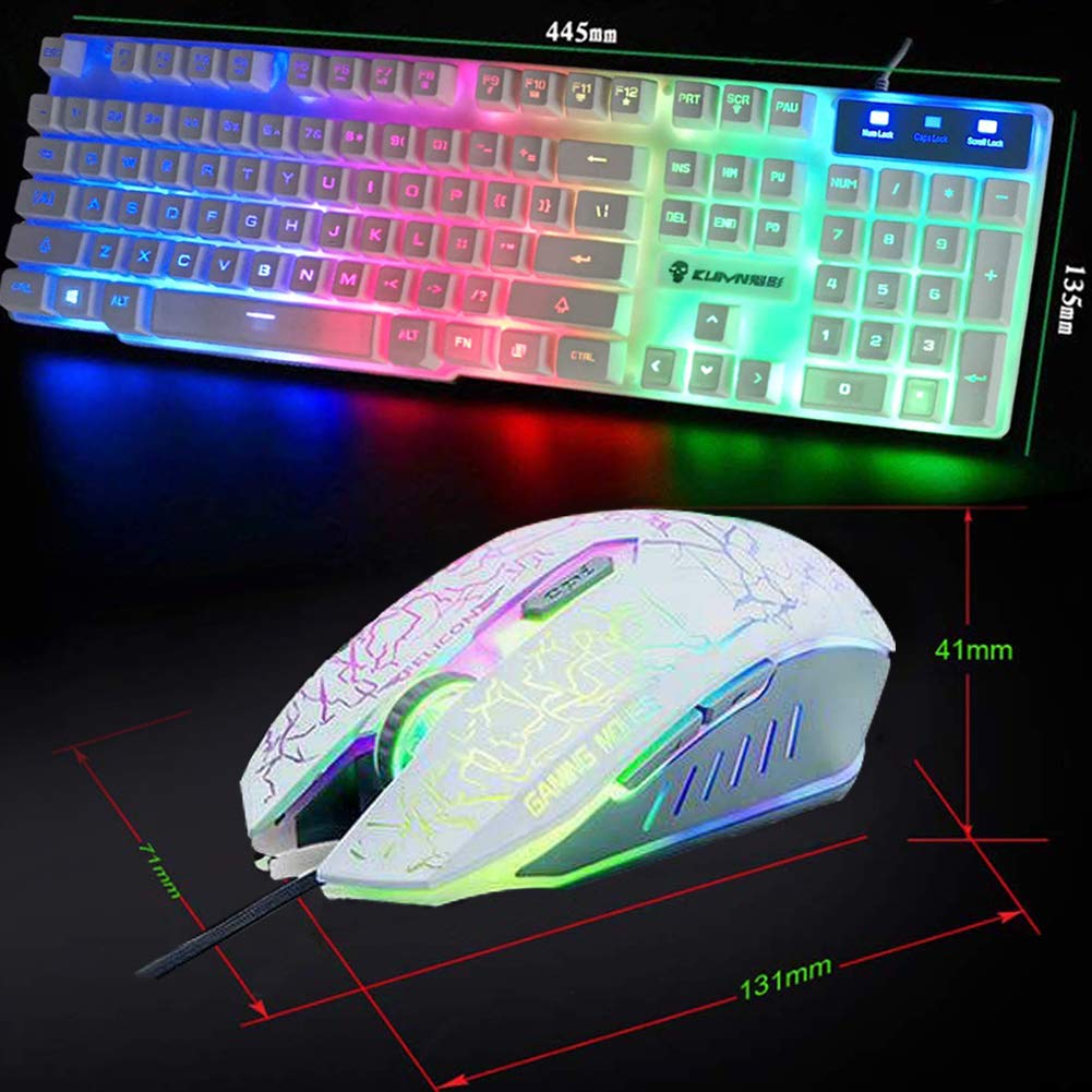 UrChoiceLtd Arco Iris Retroiluminado Ergonómico Teclado De Juego USB + 2400DPI 6 Botones óptico Arco Iris LED USB Ratón De Juego + Gratis Ratón De Juegos 220 * 180 * 5 mm (Luminous Key, White)