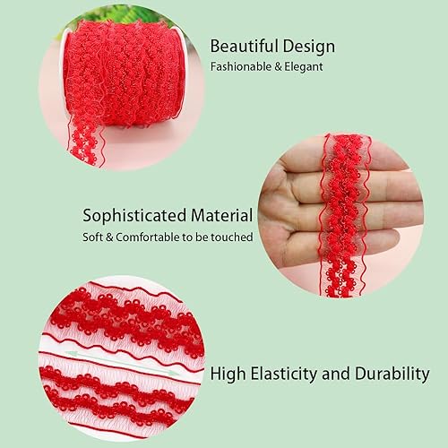 Miniatura 3 de 20 yardas, ribete de organza con volantes de doble onda, color rojo, 1 pulgada, elástico para manualidades, banda de encaje elástica para la cabeza,