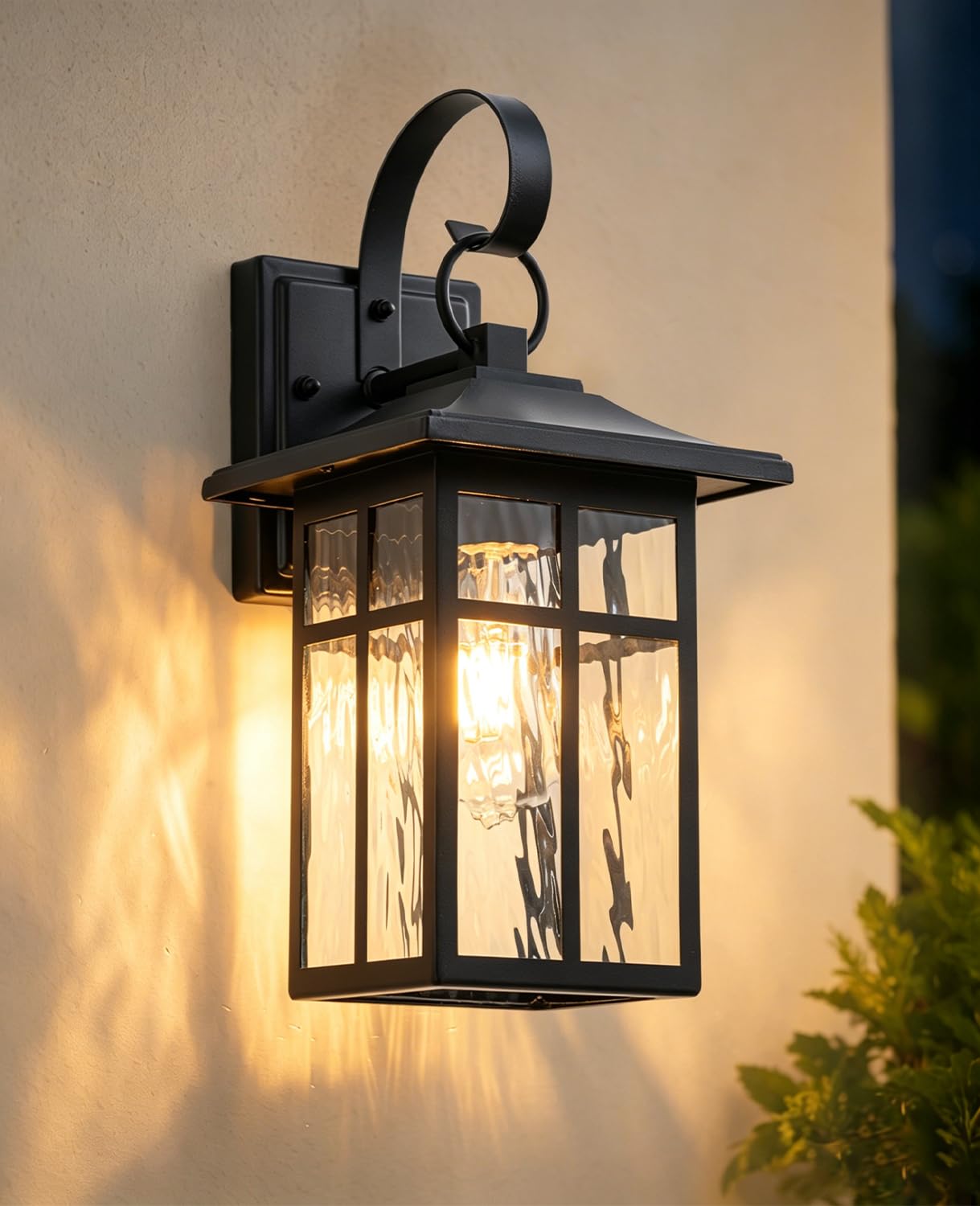 FTL Outdoor Wall Lights Mains Powered, E27 Porch Light with Water-Rippled Glass, Black Outside Wall Lantern, IP44 Waterproof Exterior Wall Sconce for Front Door, Patio, Terrace, Hallway, Garage